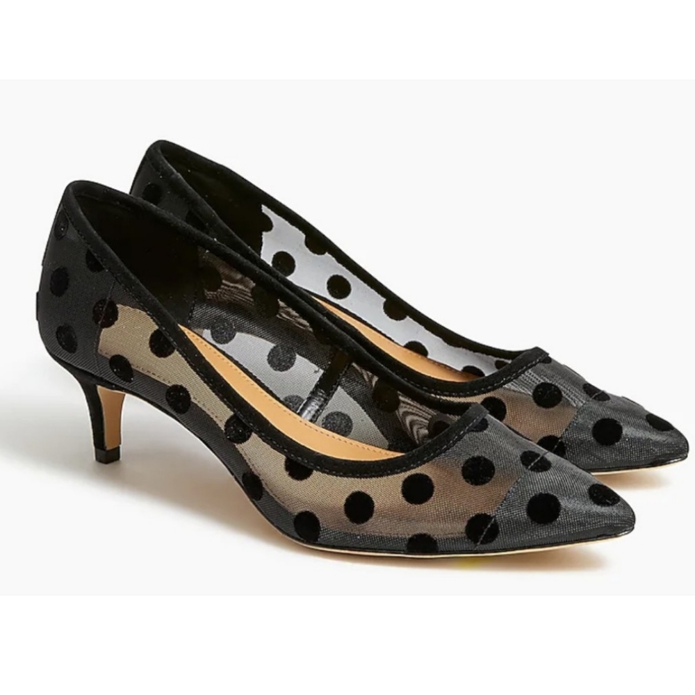 J. Crew Esme Black Mesh Polka-Dot Kitten Heels